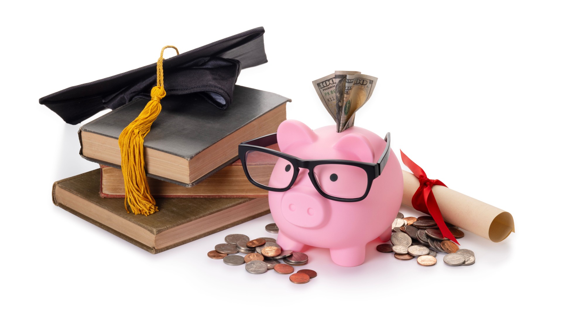 Pink Piggy Bank Saving for College Tuition Isolated on White